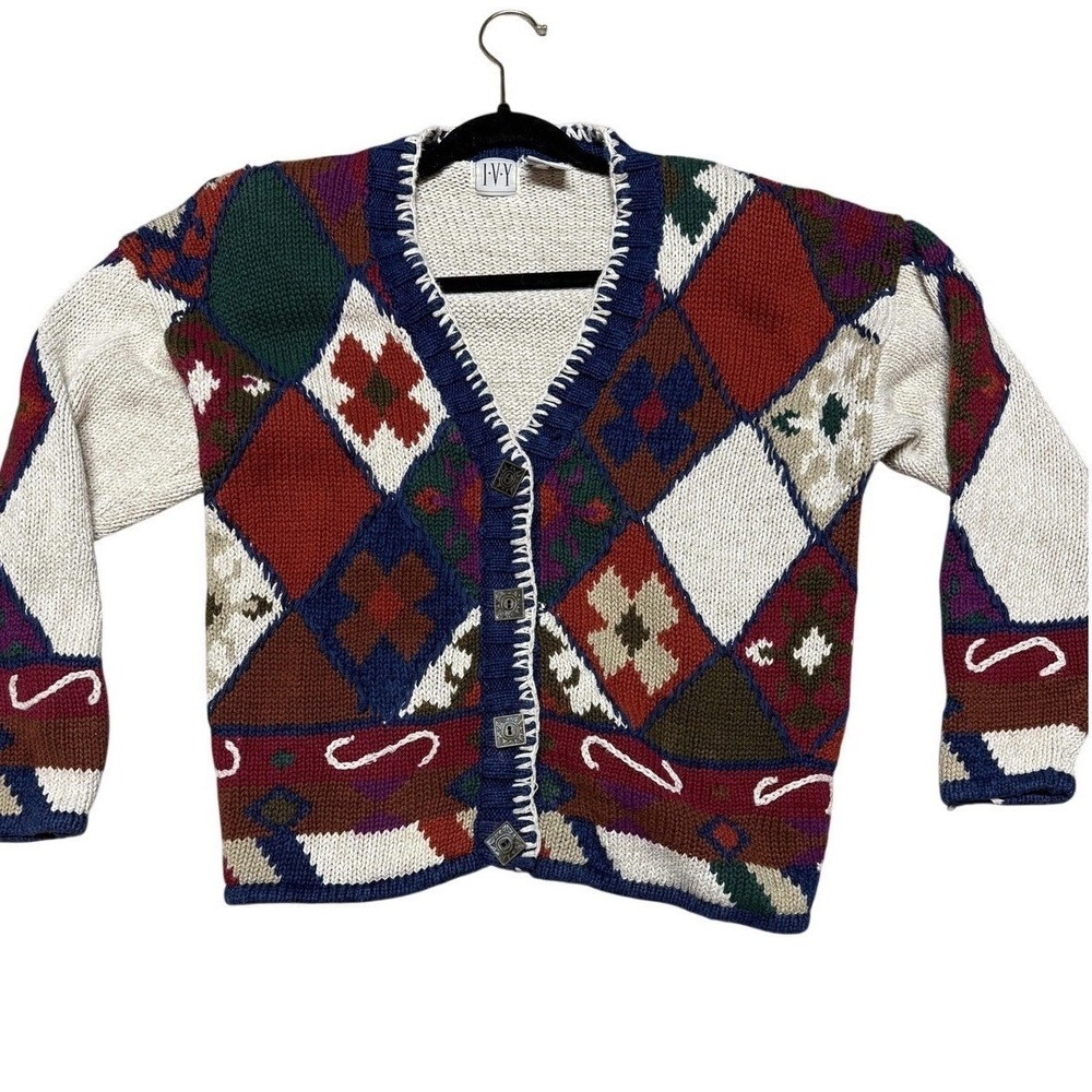 Ivy Sweater Cardigan Womens Medium Multicolor Aztec Argyle Knit Button Front